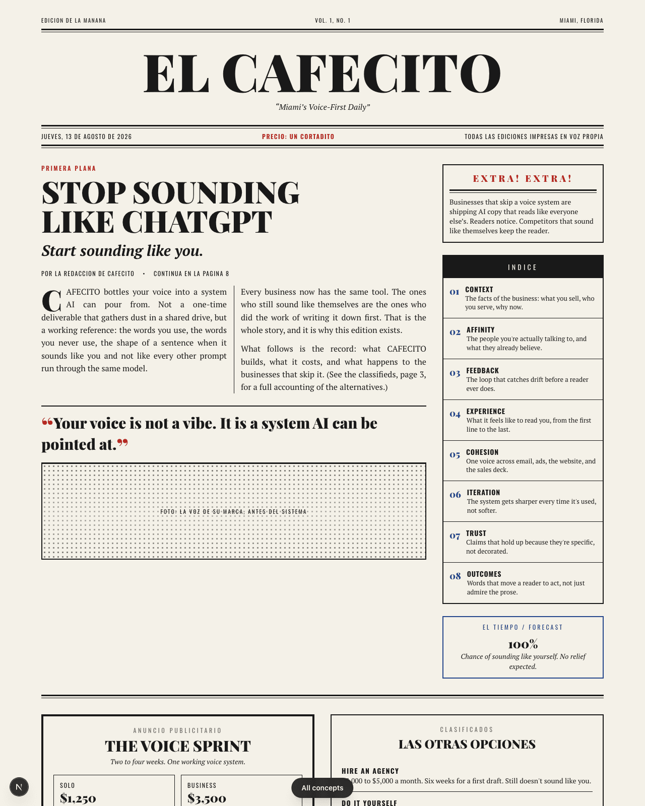 El Periodico design concept: A Spanish-language front page: masthead, columns, an EXTRA! bulletin, offers as classified ads.