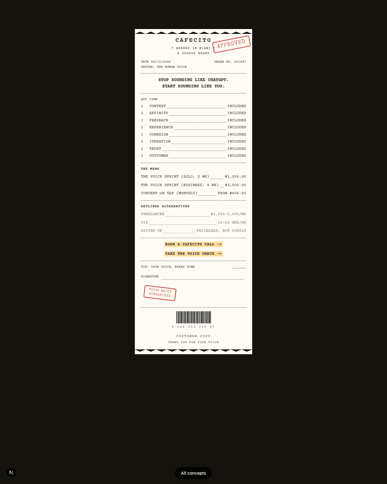 La Cuenta design concept: The whole homepage is one long register receipt: line items, rubber stamps, a barcode, customer copy.